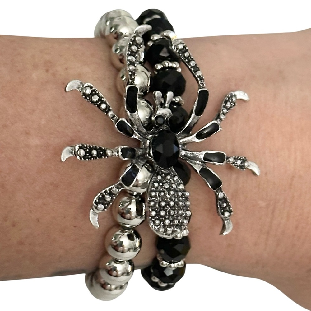 🎃 Bracelet Stretch Spider Double Band Beaded Black & Silver